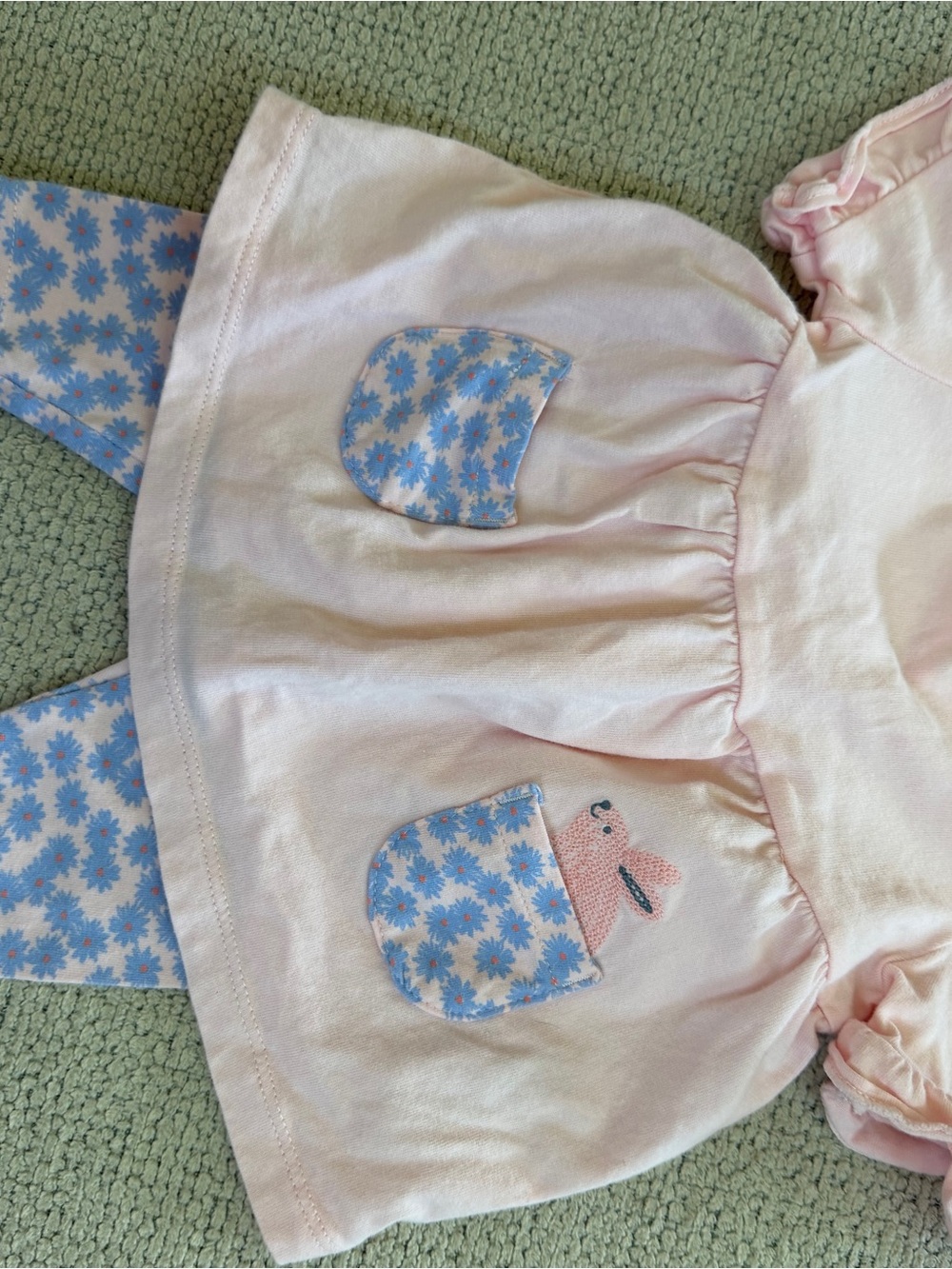 Pink Baby Dress with Blue Floral Pockets and pants